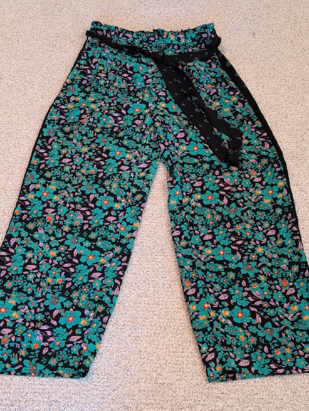 Skies Are Blue Black Floral Wide Leg Pants with Teal & Purple Blooms